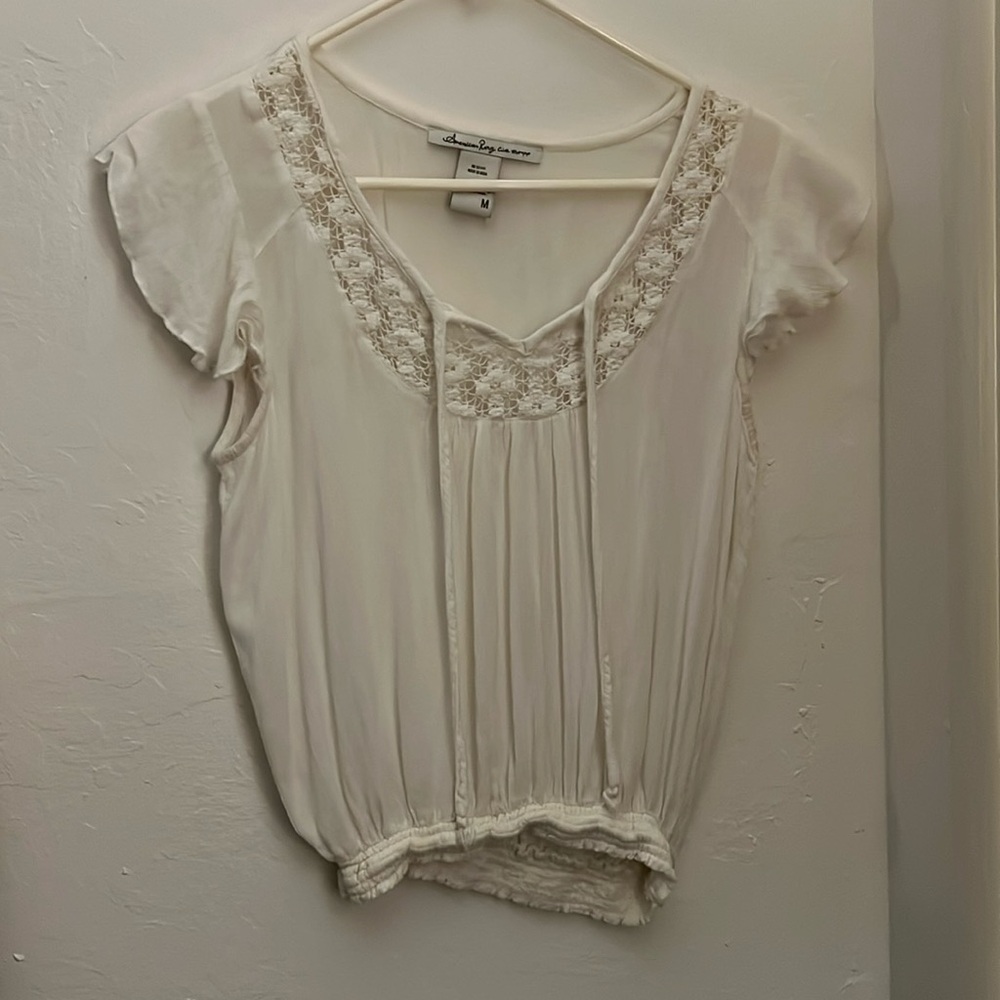 American Rag Cie Sheer White Crochet Cinched Flowy Sleeve Top